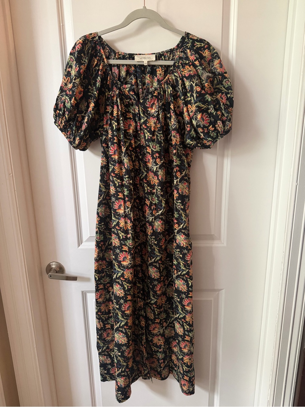 THE GREAT. Floral Midi Dress - Black with Coral & Green